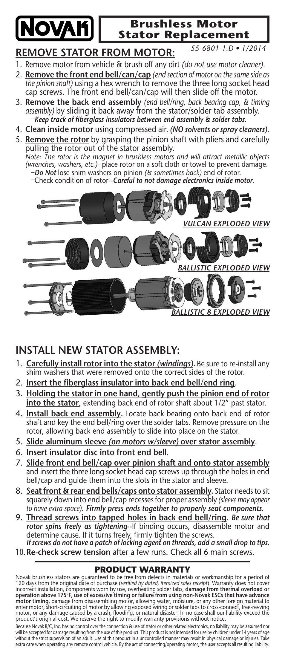 Novak Brushless Motor: Brushless Motor Stator Replacement (55-6801-1.D) User Manual | 1 page
