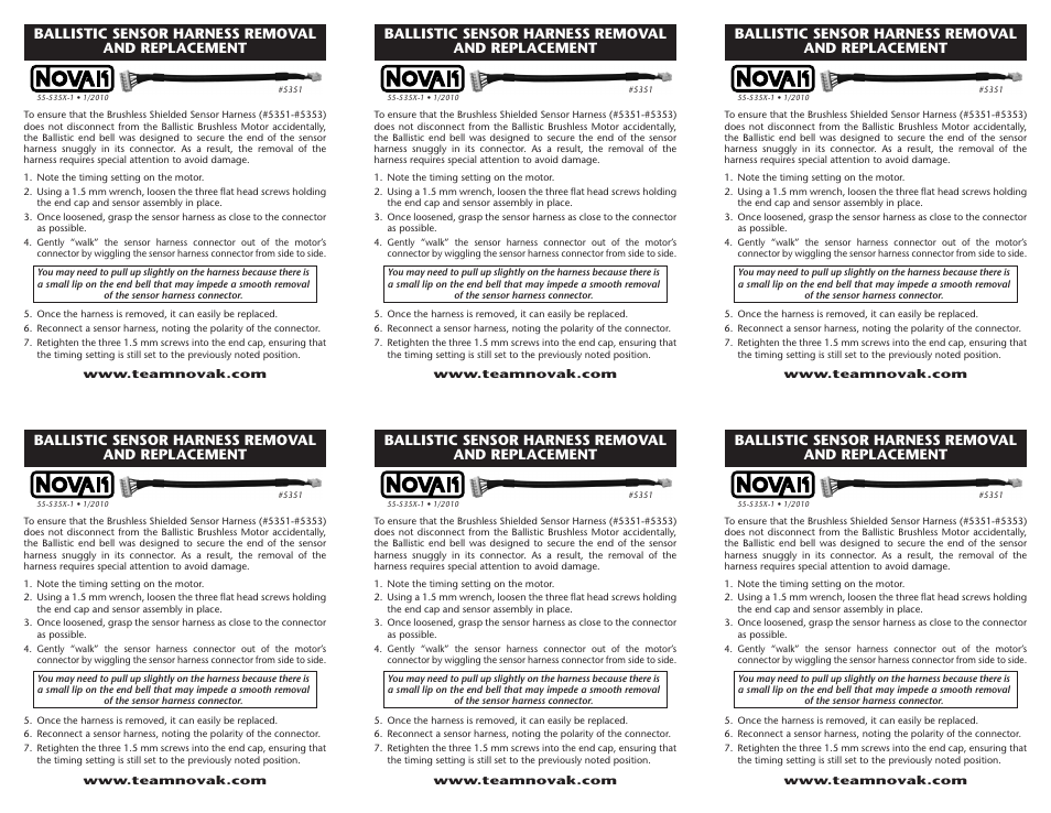 Novak Brushless Motor: Brushless Sensor Harness Removal & Replacement (55-535X-1) User Manual | 1 page