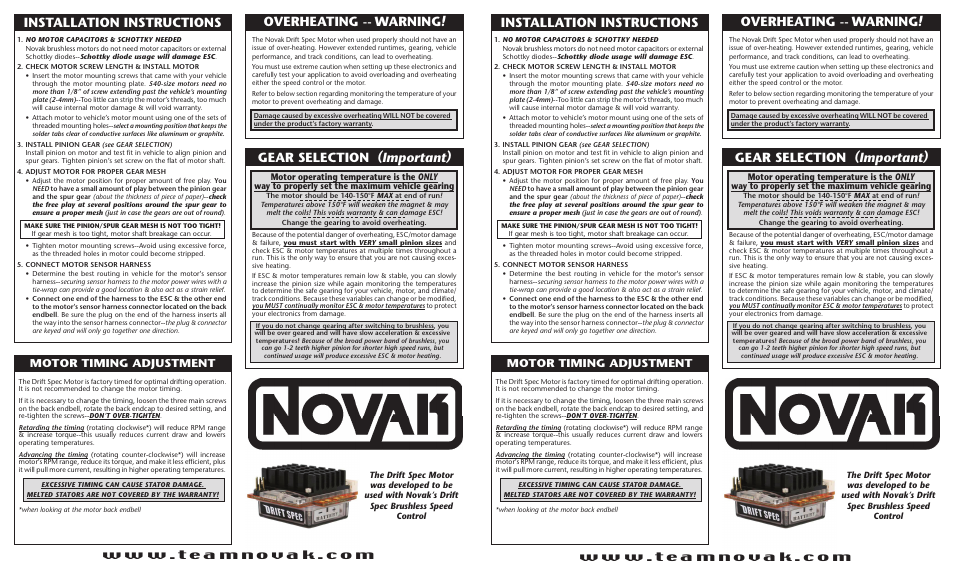 Overheating -- warning, Motor timing adjustment | Novak Brushless Motor: Drift Spec Motor (55-3074M-1 Rev.1) User Manual | Page 2 / 2