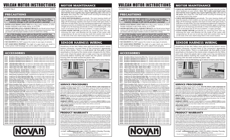 Novak Brushless Motor: Vulcan Motor (55-3640-1 Rev.3) User Manual | 2 pages