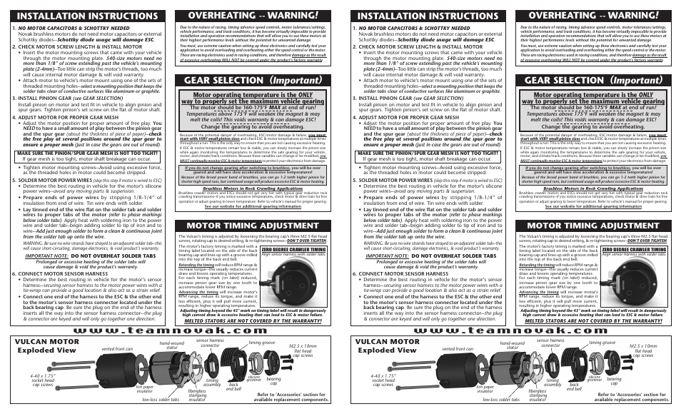Installation instructions, Overheating -- warning, Motor timing adjustment | Novak Brushless Motor: Vulcan Motor (55-3640-1 Rev.3) User Manual | Page 2 / 2