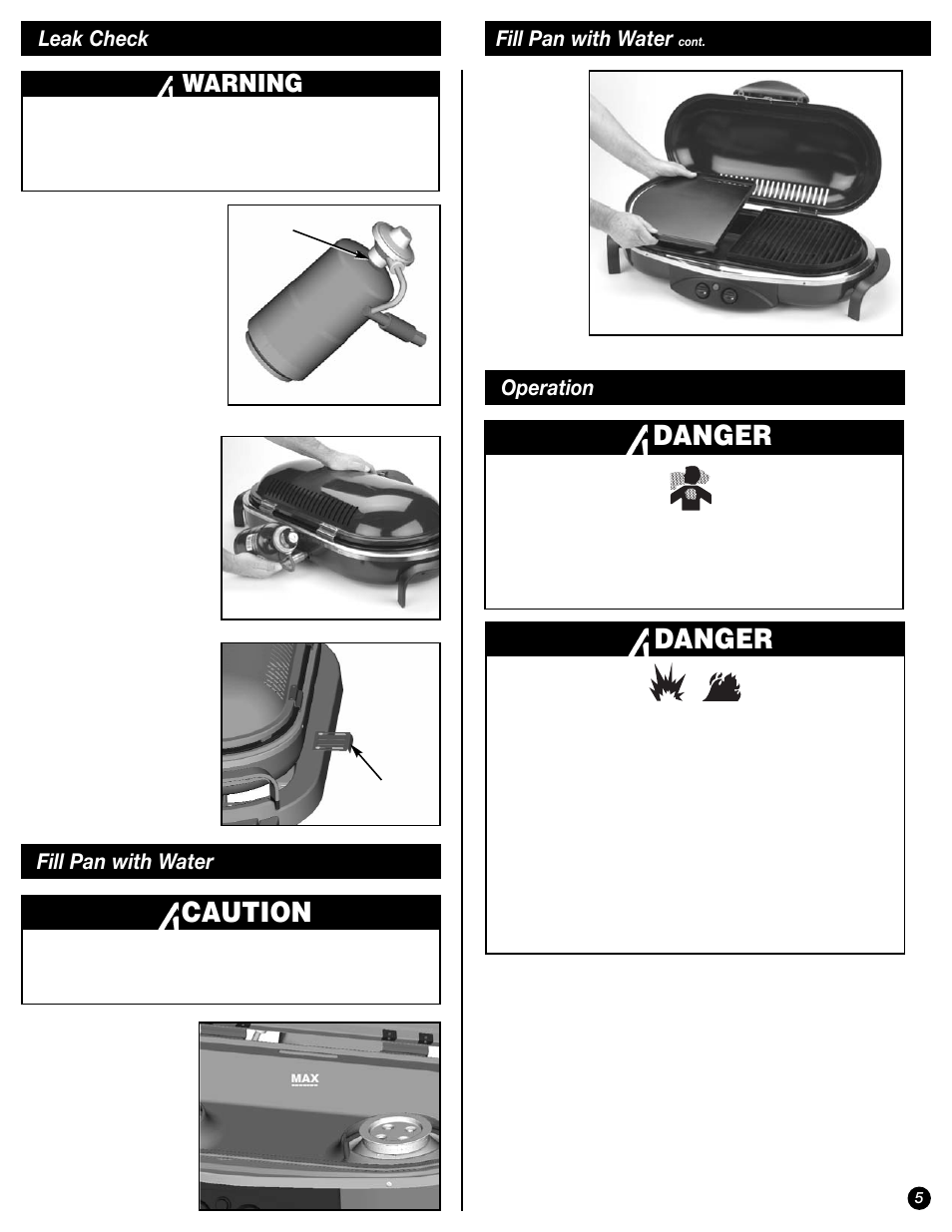 Caution, Danger, Warning | Leak check, Fill pan with water, Operation | Coleman PROPANE STOVE 9941 User Manual | Page 5 / 12