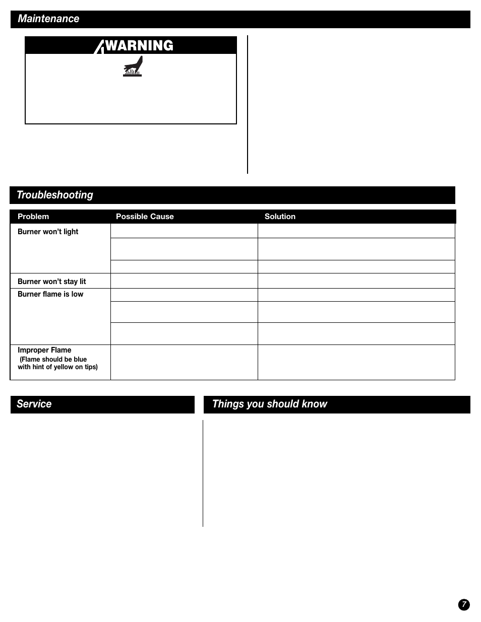 Warning, Maintenance, Troubleshooting | Service, Things you should know | Coleman PROPANE STOVE 9941 User Manual | Page 7 / 12