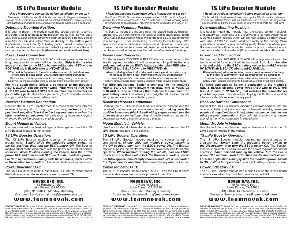 Novak 1S LiPo Booster Module User Manual | 1 page