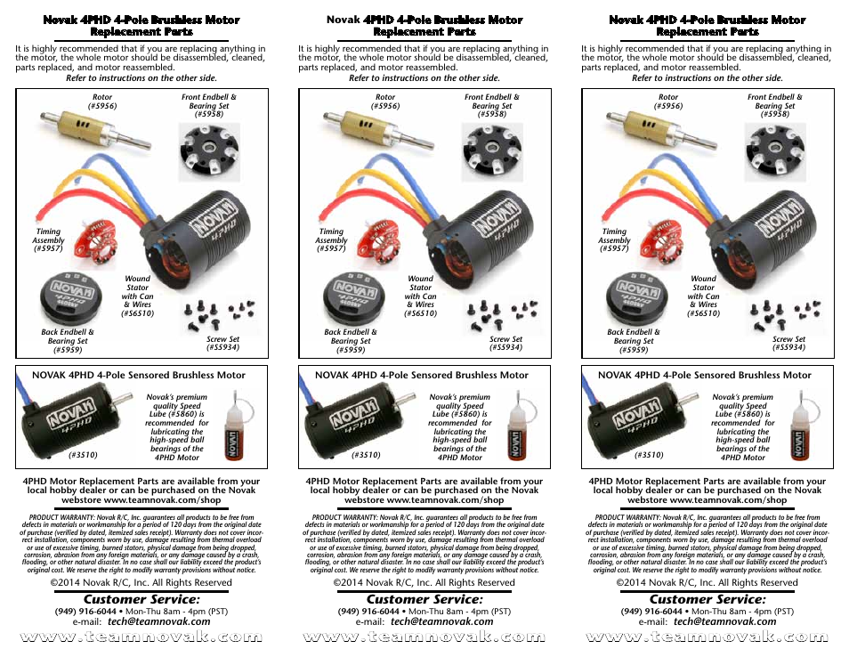 Customer service | Novak 4PHD Motor Replacement Part (55-5956-1) User Manual | Page 2 / 2