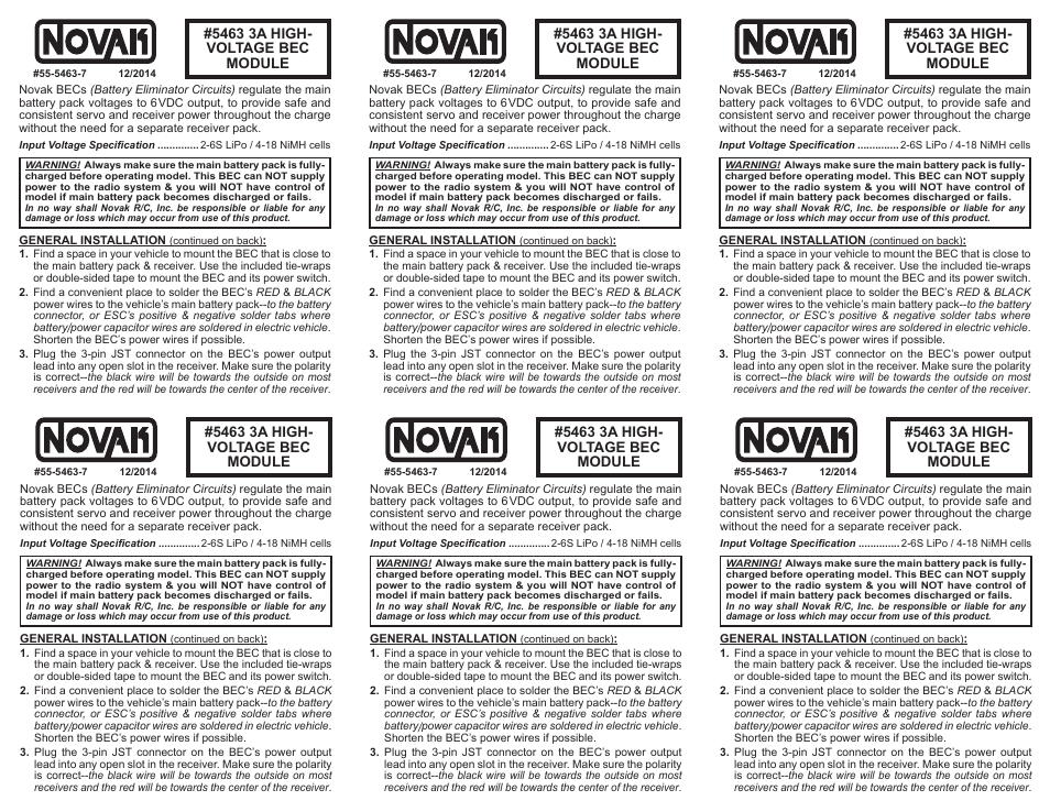 Novak 5463 3A High-Voltage BEC (55-5463-7) User Manual | 2 pages