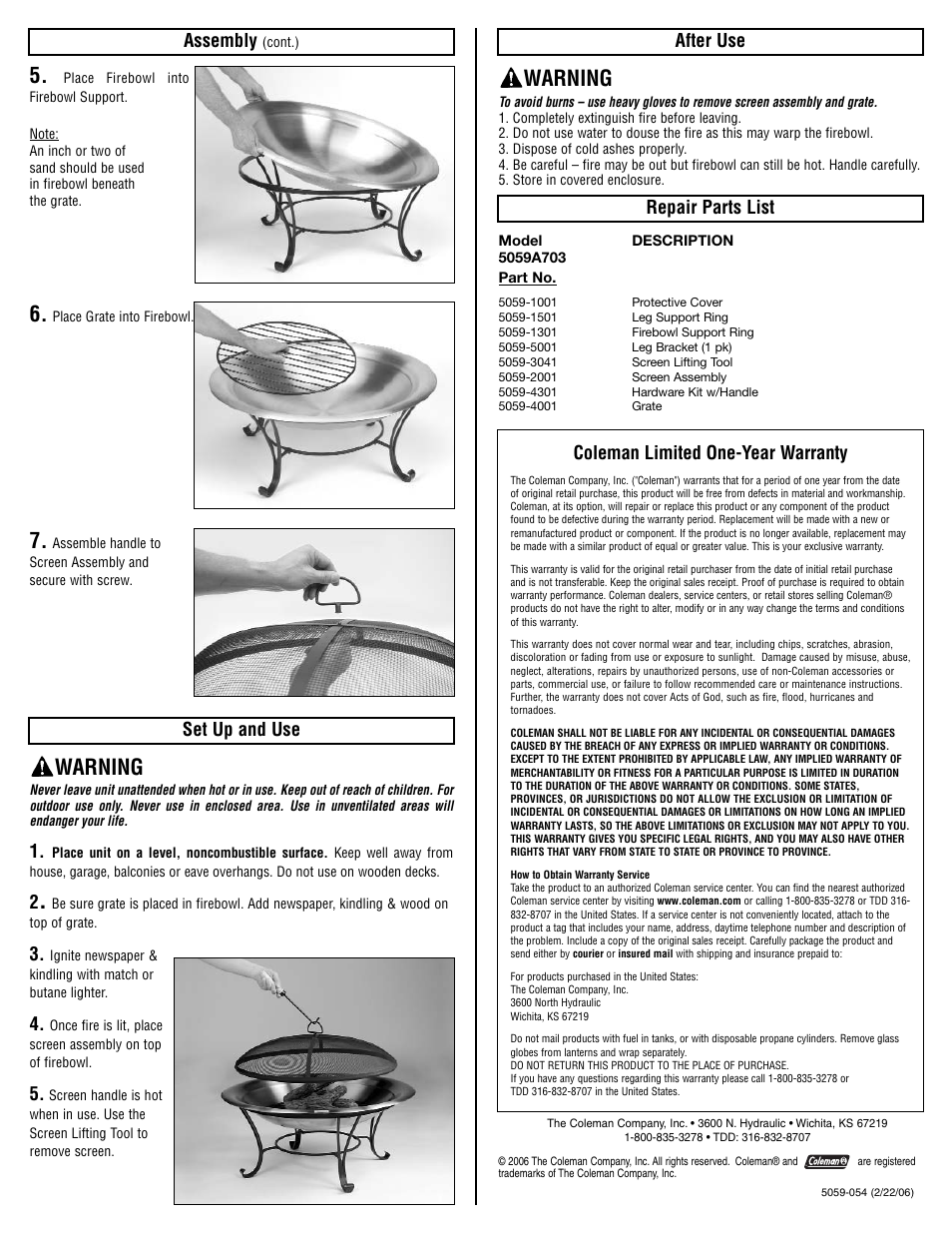 Warning, Assembly, Set up and use | After use, Repair parts list, Coleman limited one-year warranty | Coleman 5059A703 User Manual | Page 2 / 2