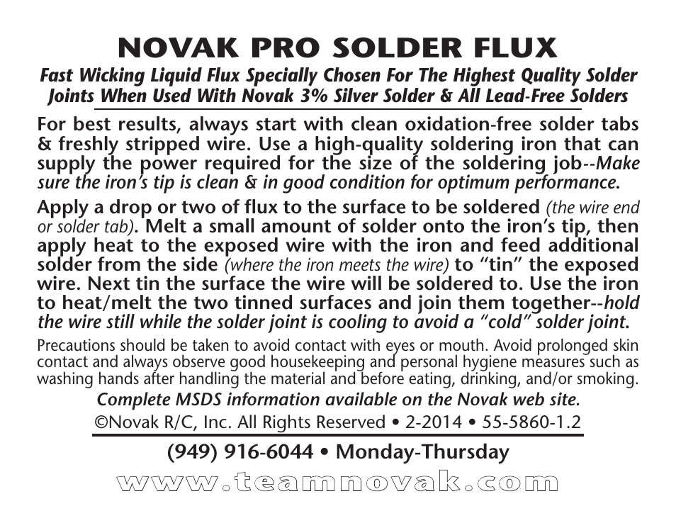 Novak Pro Solder Flux (55-5860-1.2) User Manual | 1 page