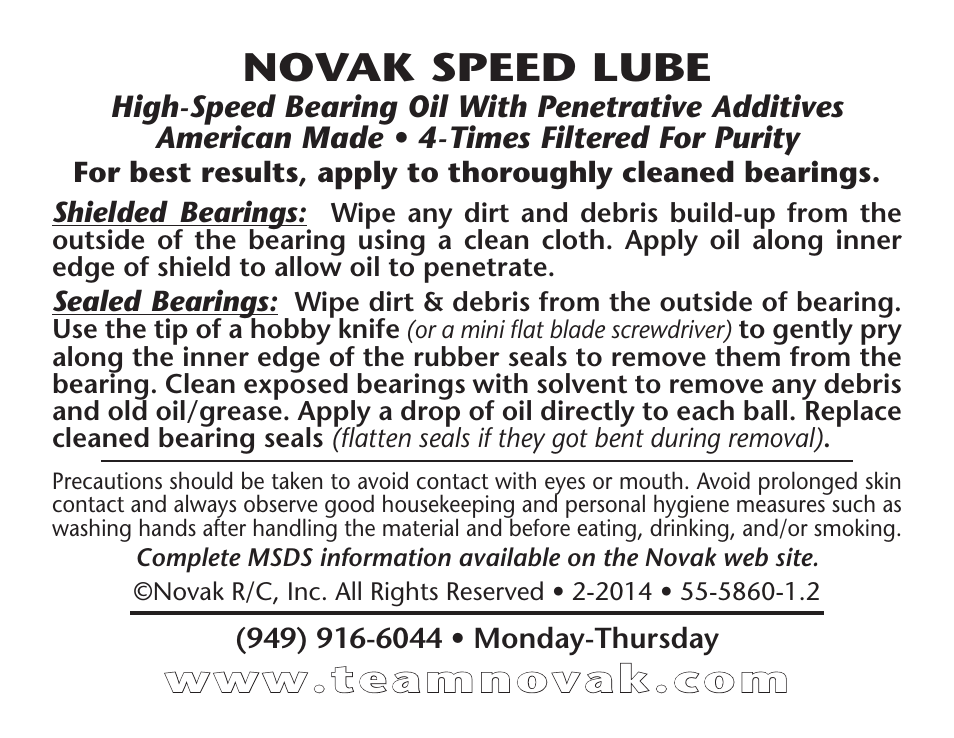 Novak Speed Lube (55-5860-1.2) User Manual | 1 page