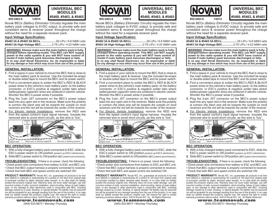 Novak Universal BEC Module (55-5463-6) User Manual | 1 page