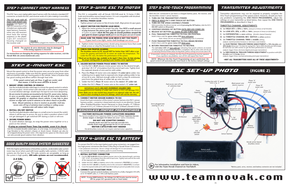 Esc set-up photo, Step 4–wire esc to battery, Step 3–wire esc to motor | Figure 2), Good quality radio system suggested, Step 1–connect input harness, Step 2–mount esc, Brushless motor precautions, 4 ghz | Novak Activ8 Basic Set-Up (1725) User Manual | Page 2 / 2
