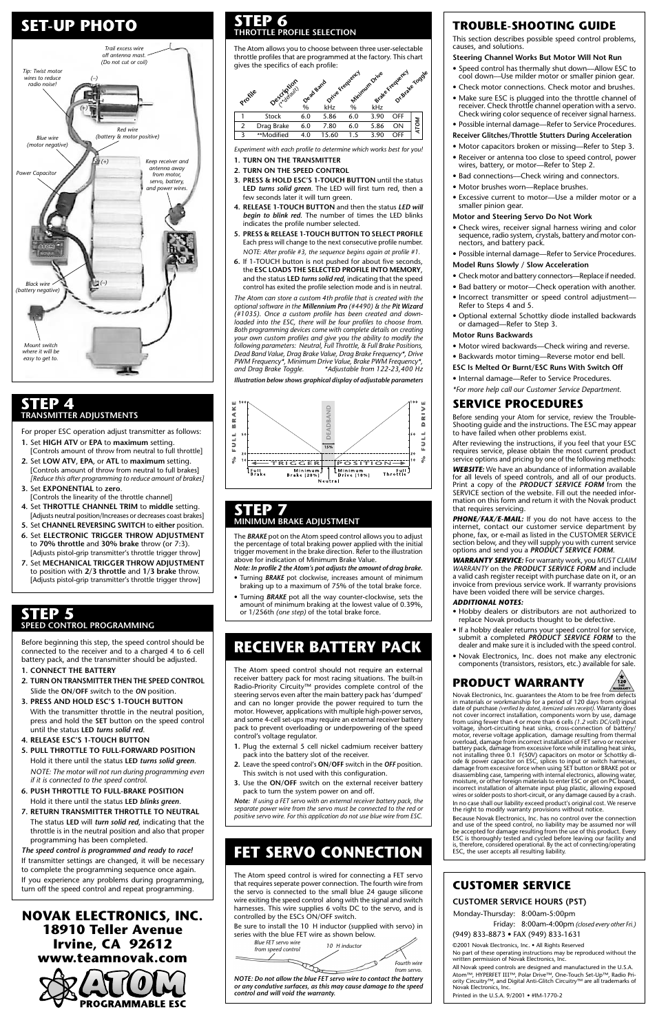 Set-up photo step 4, Receiver battery pack, Step 7 | Step 5, Step 6, Fet servo connection, Trouble-shooting guide, Service procedures, Product warranty, Customer service | Novak Atom ESC (1770) User Manual | Page 2 / 2