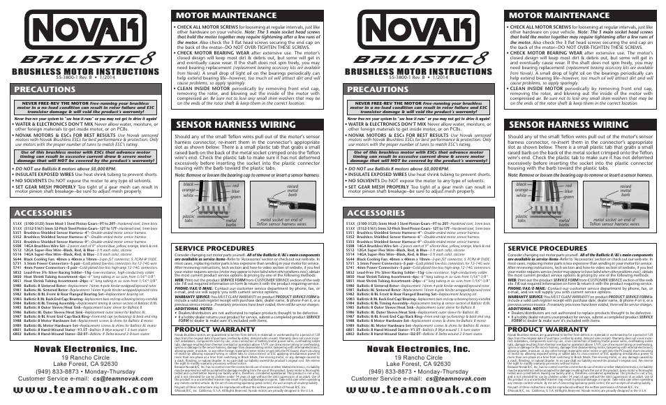 Novak Ballistic 8 Motor (55-3800-1 Rev. B) User Manual | 2 pages