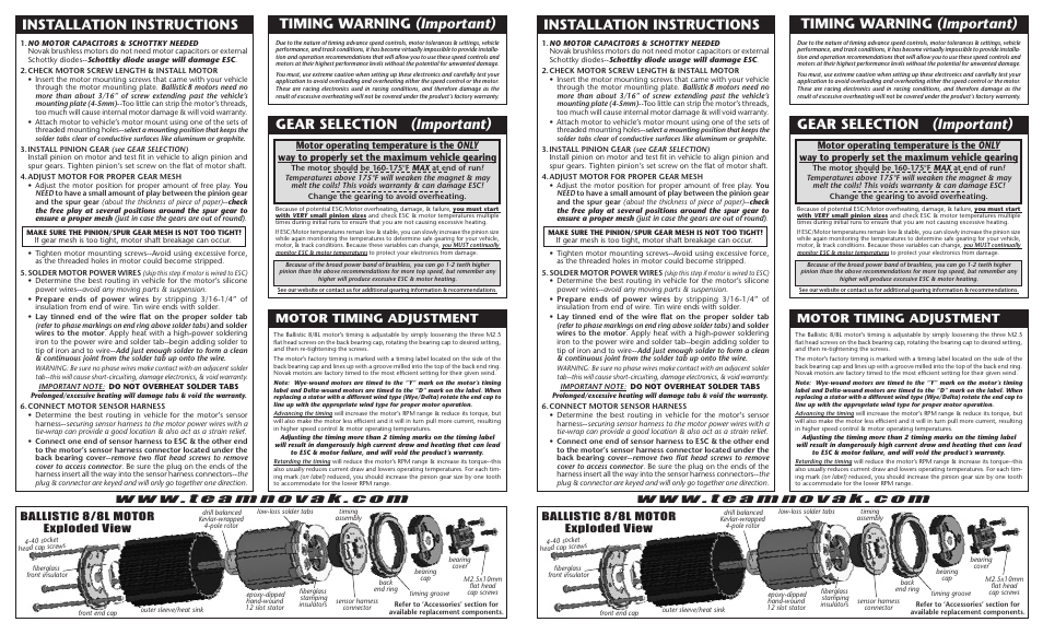 Installation instructions, Timing warning (important), Motor timing adjustment | Novak Ballistic 8 Motor (55-3800-1 Rev. B) User Manual | Page 2 / 2
