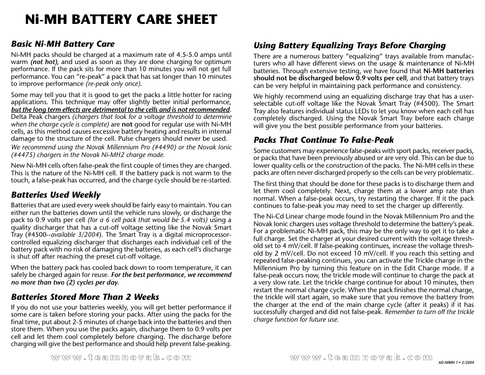 Novak Battery Care Sheet User Manual | 1 page