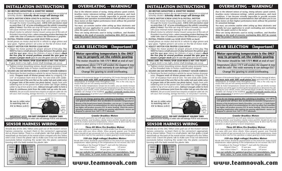 Installation instructions, Sensor harness wiring, Gear selection (important) | Gear selection (important) overheating -- warning, Overheating -- warning | Novak Brushless Motor (55-3400-1) User Manual | Page 2 / 2
