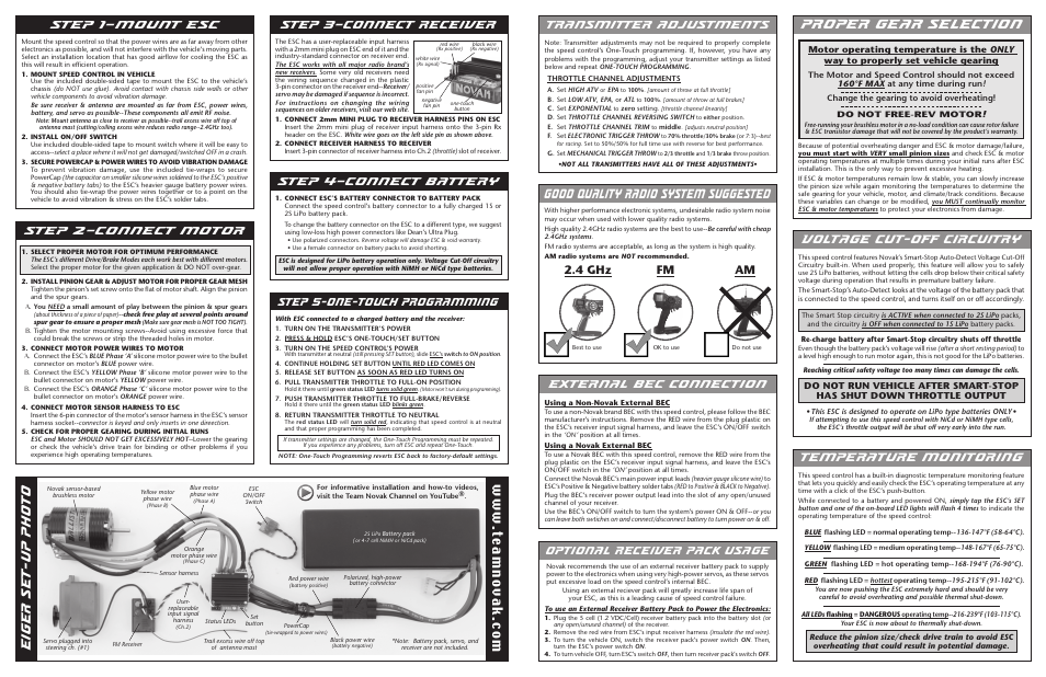 Good quality radio system suggested, Eiger set-up photo, Proper gear selection | Voltage cut-off circuitry temperature monitoring, Step 3–connect receiver, Fm am 2.4 ghz | Novak Club (55-1852-1) User Manual | Page 2 / 2