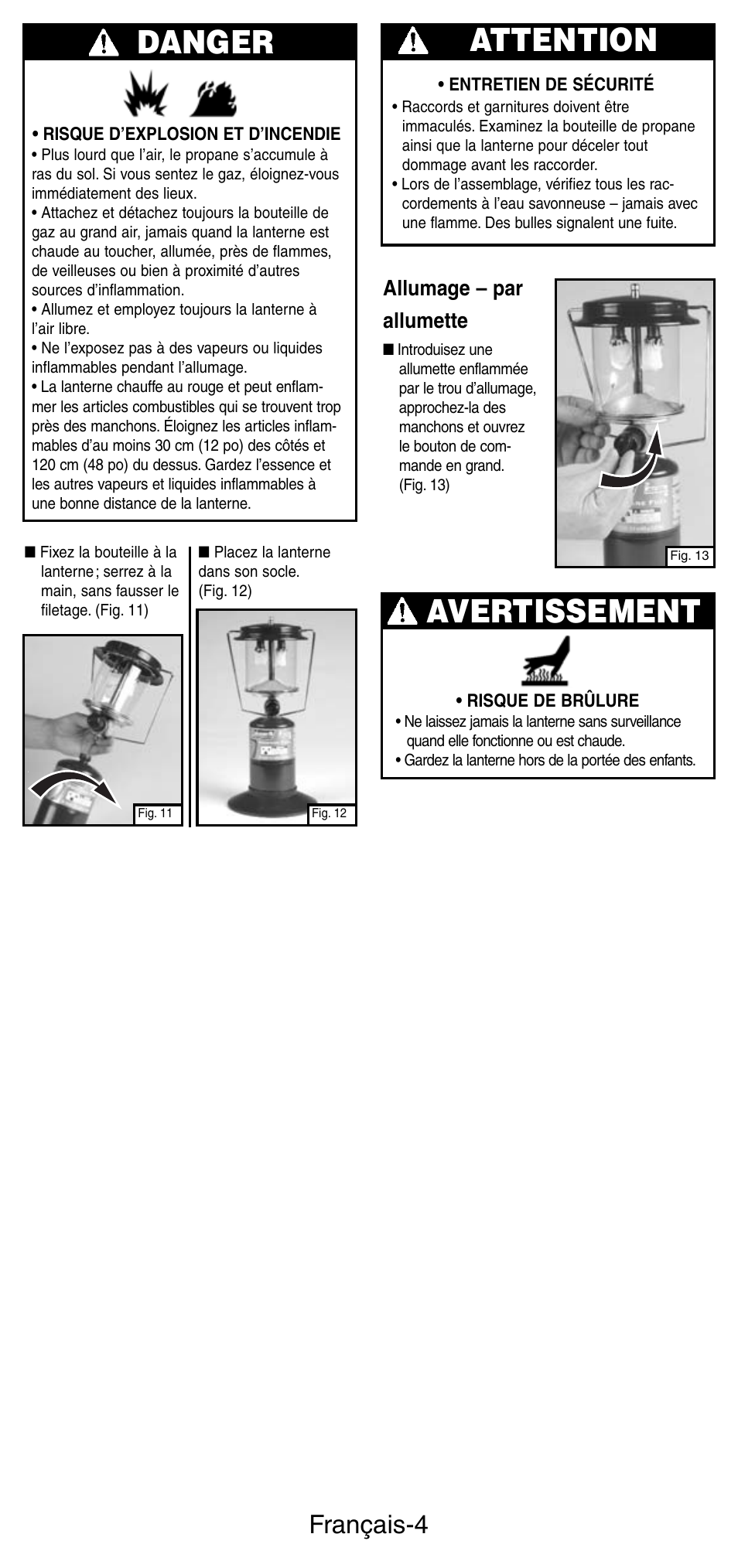 Danger, Attention, Avertissement | Français-4, Allumage – par allumette | Coleman 5159 Series User Manual | Page 11 / 24