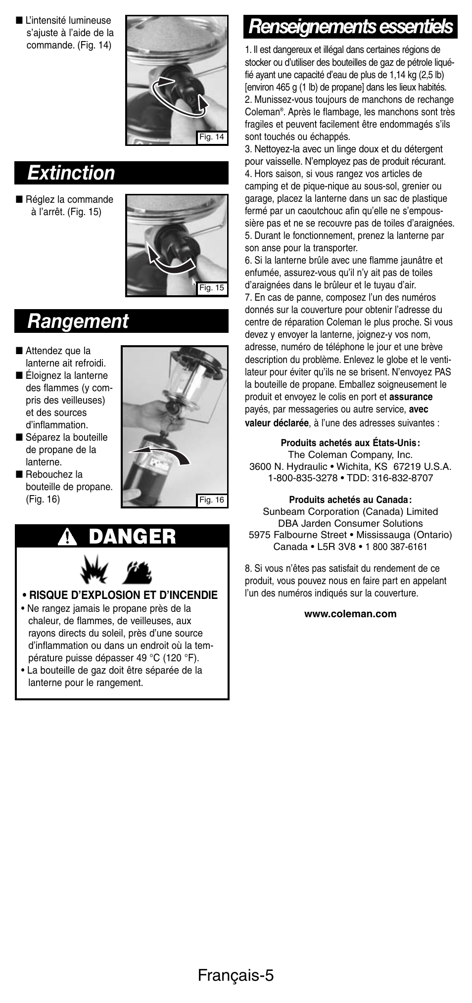 Extinction, Rangement, Renseignements essentiels | Danger, Français-5 | Coleman 5159 Series User Manual | Page 12 / 24