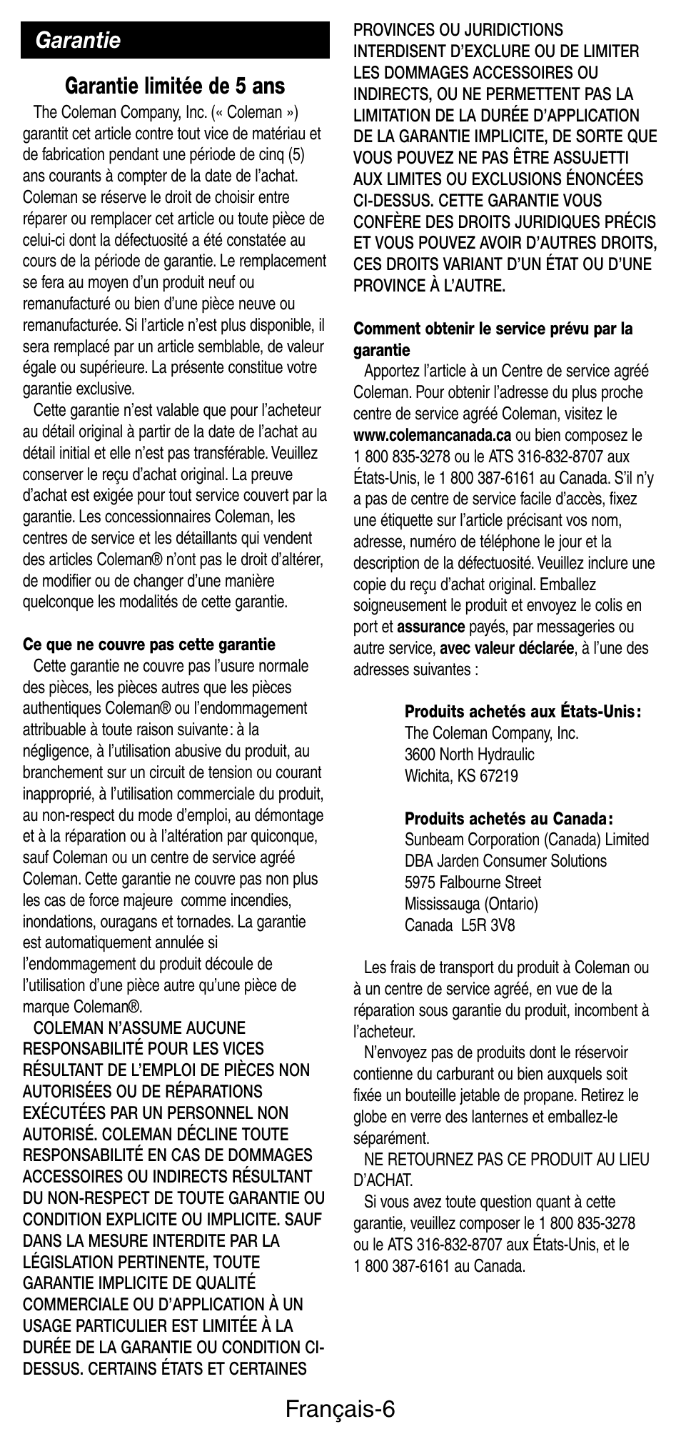 Français-6, Garantie limitée de 5 ans, Garantie | Coleman 5159 Series User Manual | Page 13 / 24