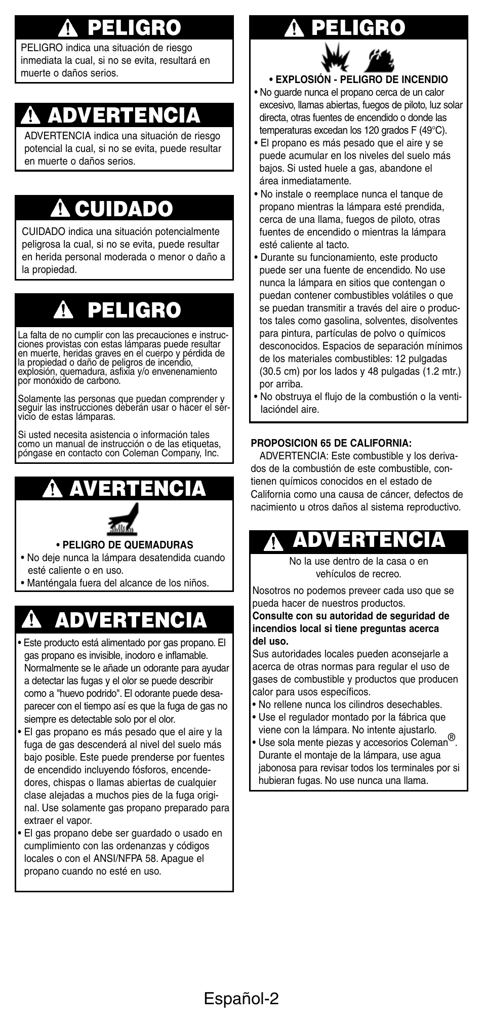 Peligro, Advertencia, Cuidado | Advertencia avertencia, Español-2 | Coleman 5159 Series User Manual | Page 16 / 24
