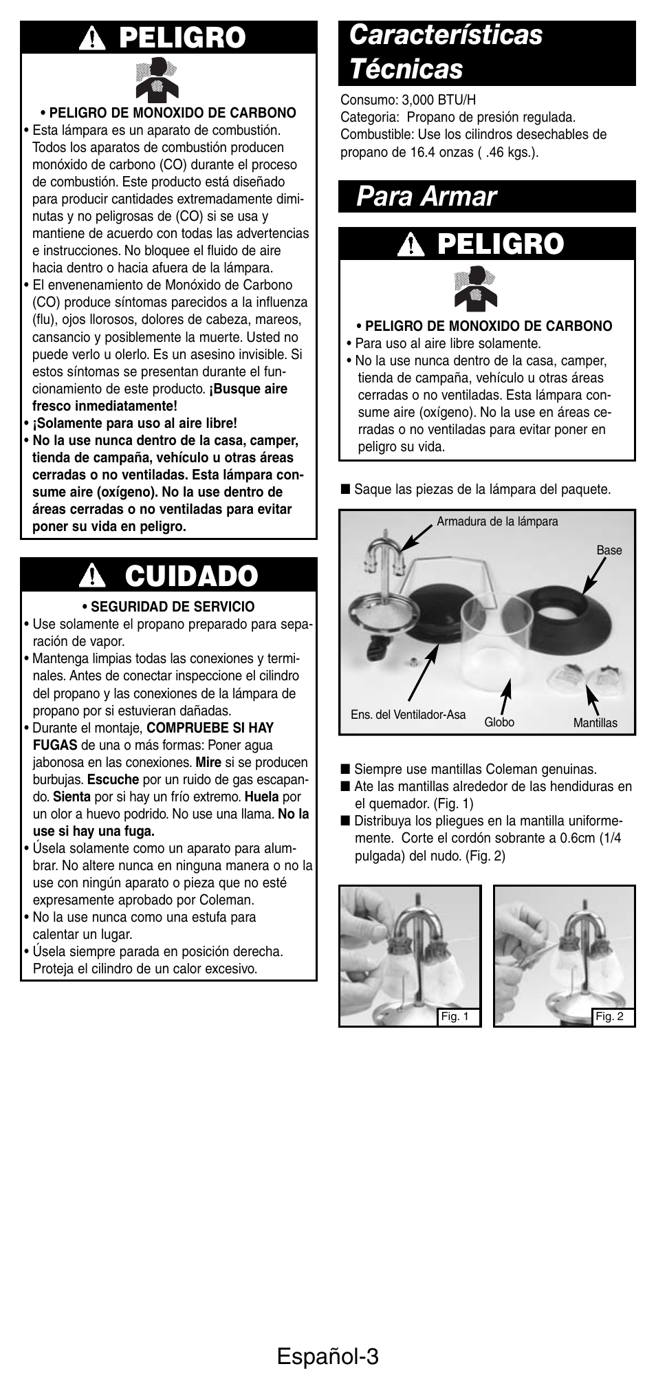Peligro, Cuidado, Características técnicas para armar | Español-3 | Coleman 5159 Series User Manual | Page 17 / 24