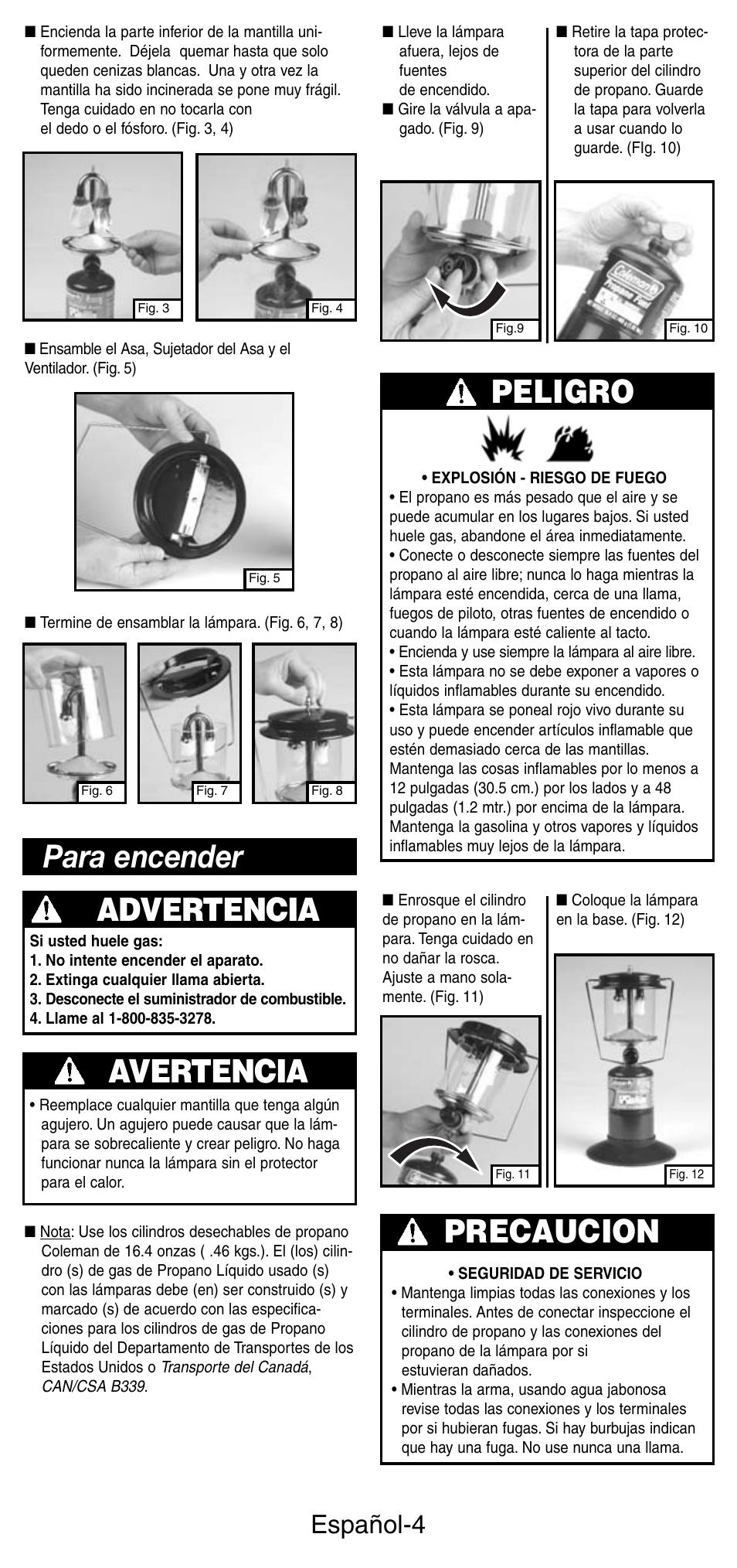Para encender advertencia, Avertencia, Peligro | Precaucion, Español-4 | Coleman 5159 Series User Manual | Page 18 / 24