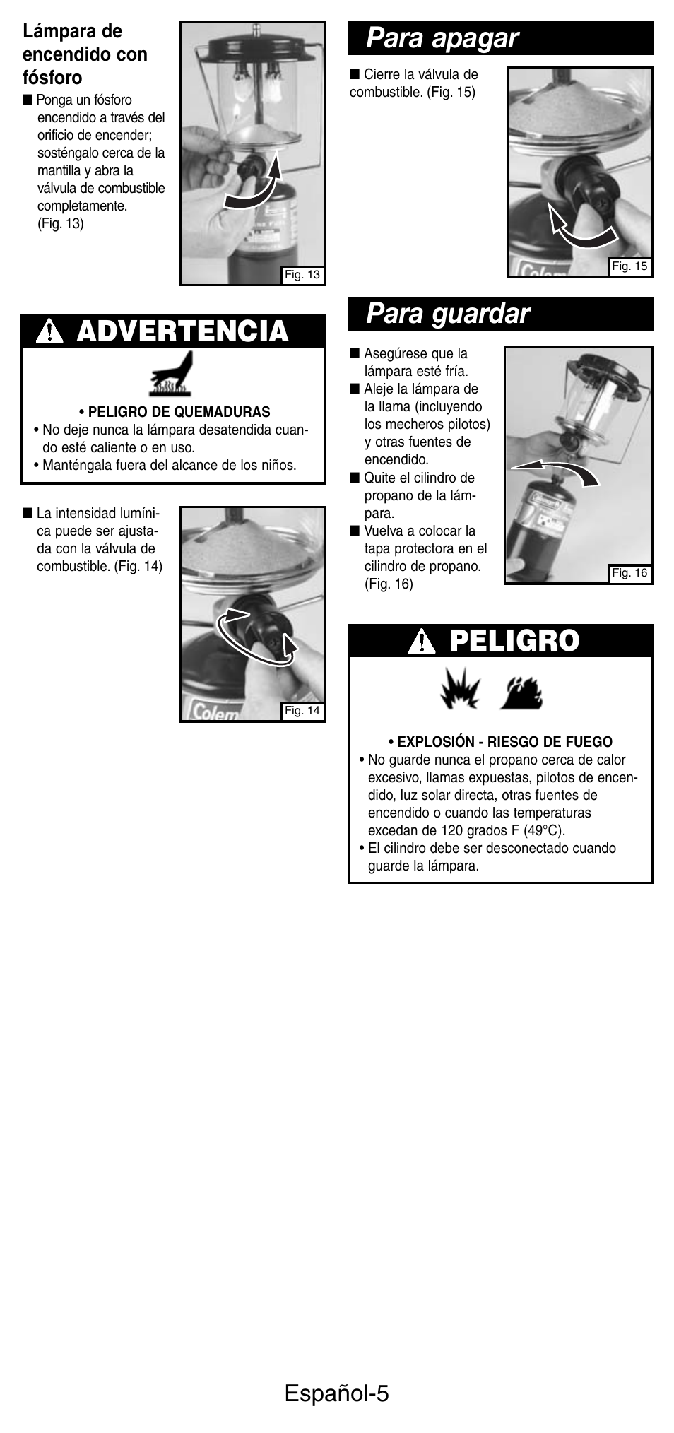 Advertencia, Para apagar para guardar peligro, Español-5 | Lámpara de encendido con fósforo | Coleman 5159 Series User Manual | Page 19 / 24