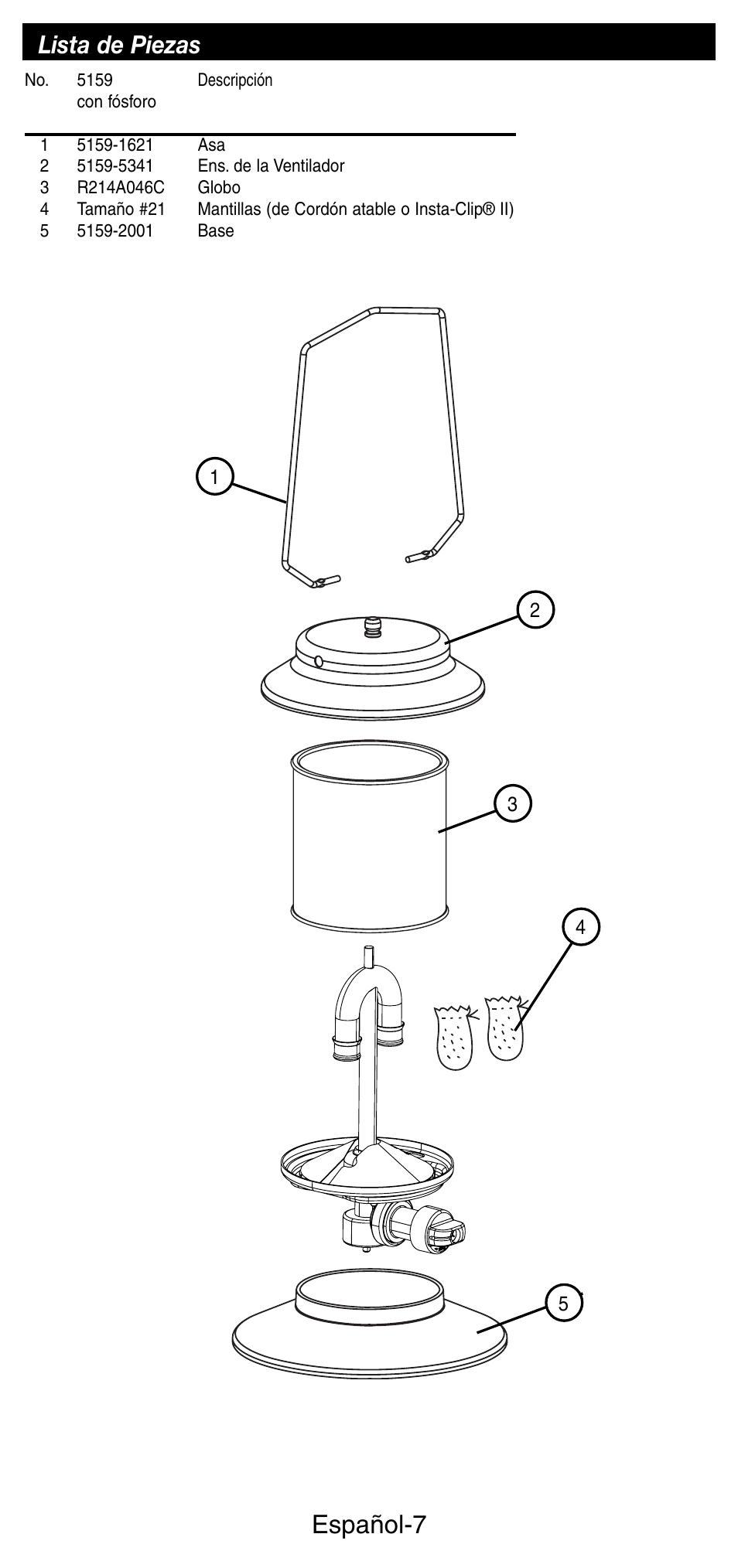 Español-7, Lista de piezas | Coleman 5159 Series User Manual | Page 21 / 24