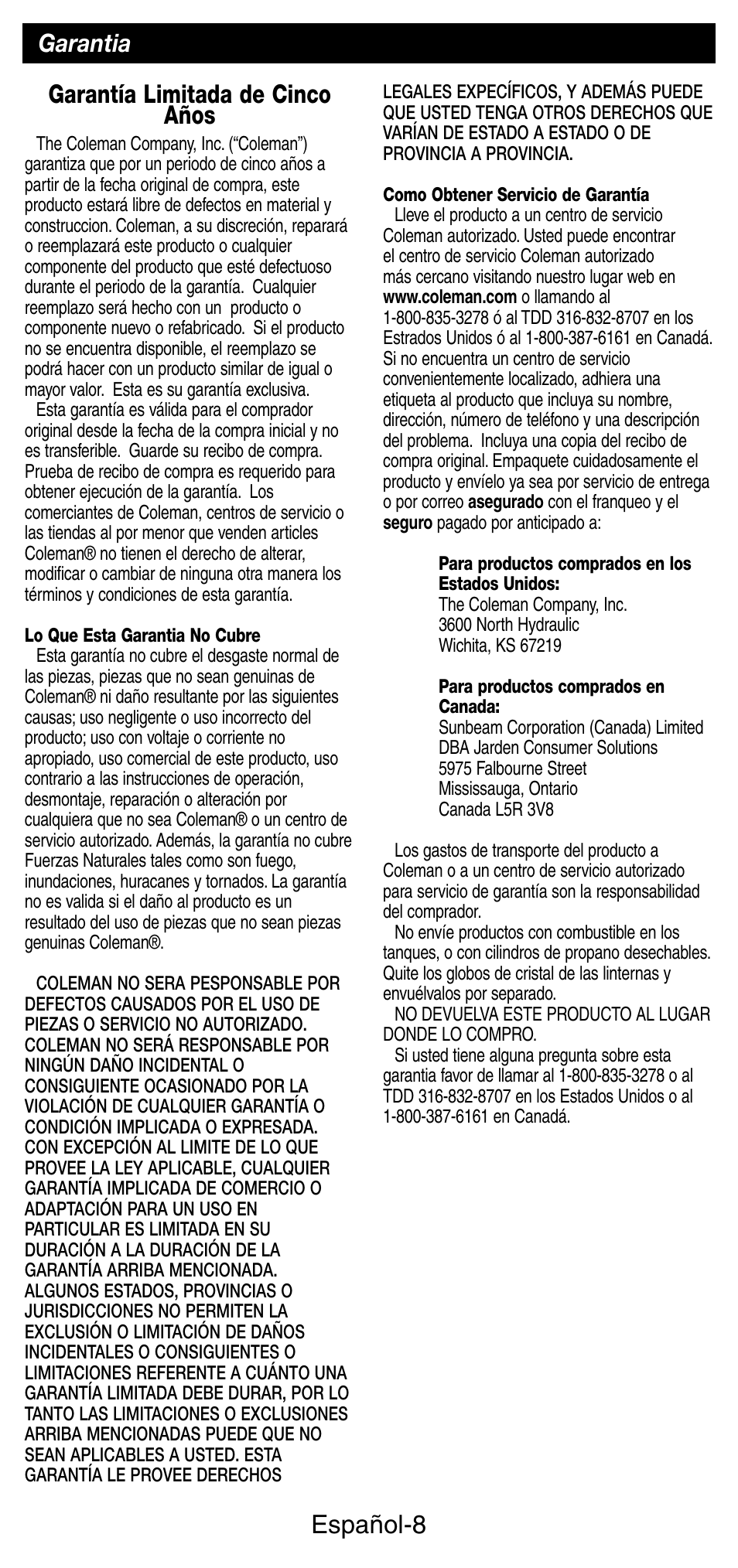 Español-8, Garantía limitada de cinco años, Garantia | Coleman 5159 Series User Manual | Page 22 / 24