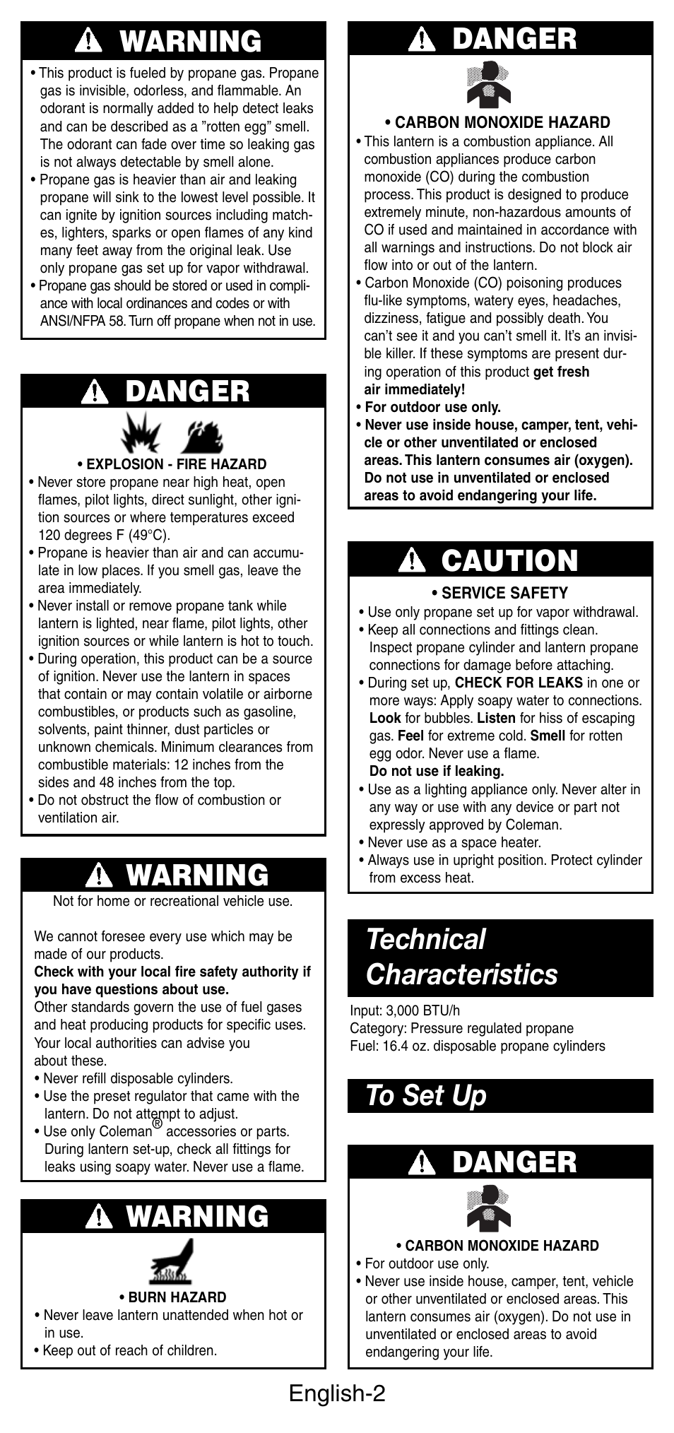 Warning danger, Warning, Danger | Caution, English-2 | Coleman 5159 Series User Manual | Page 3 / 24