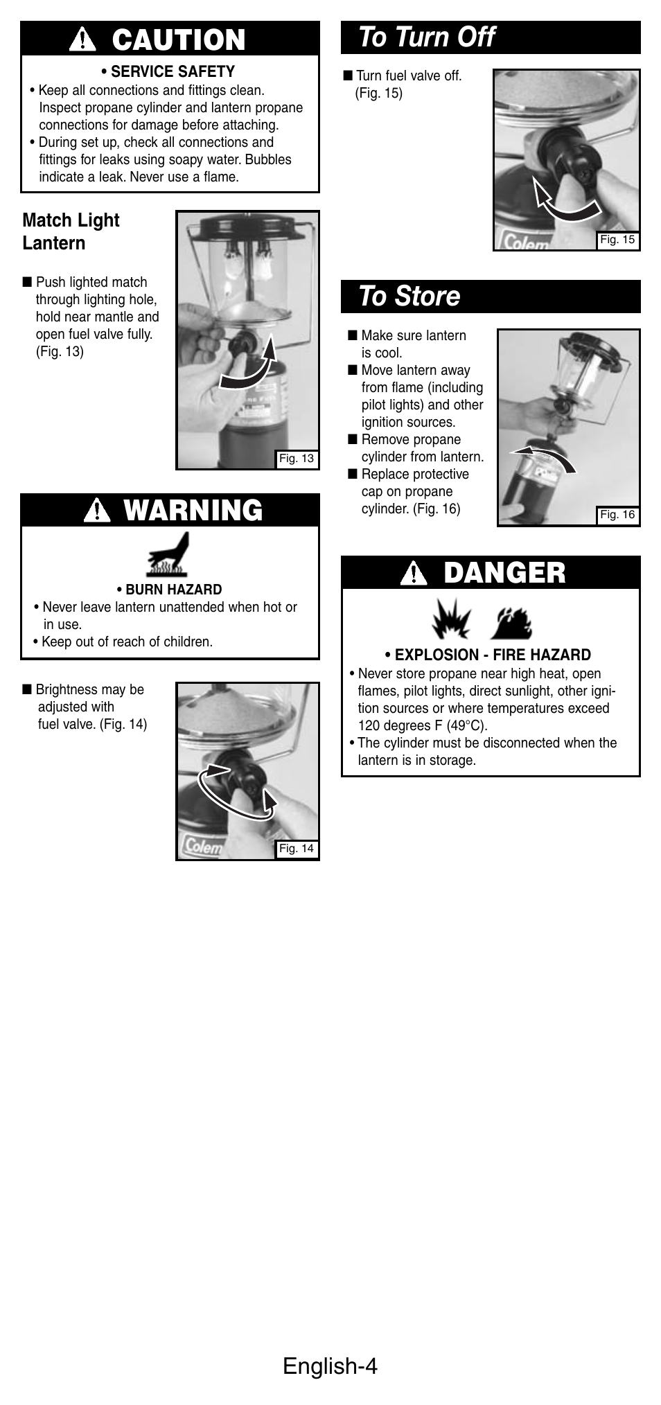 Caution, Warning, English-4 | Match light lantern | Coleman 5159 Series User Manual | Page 5 / 24