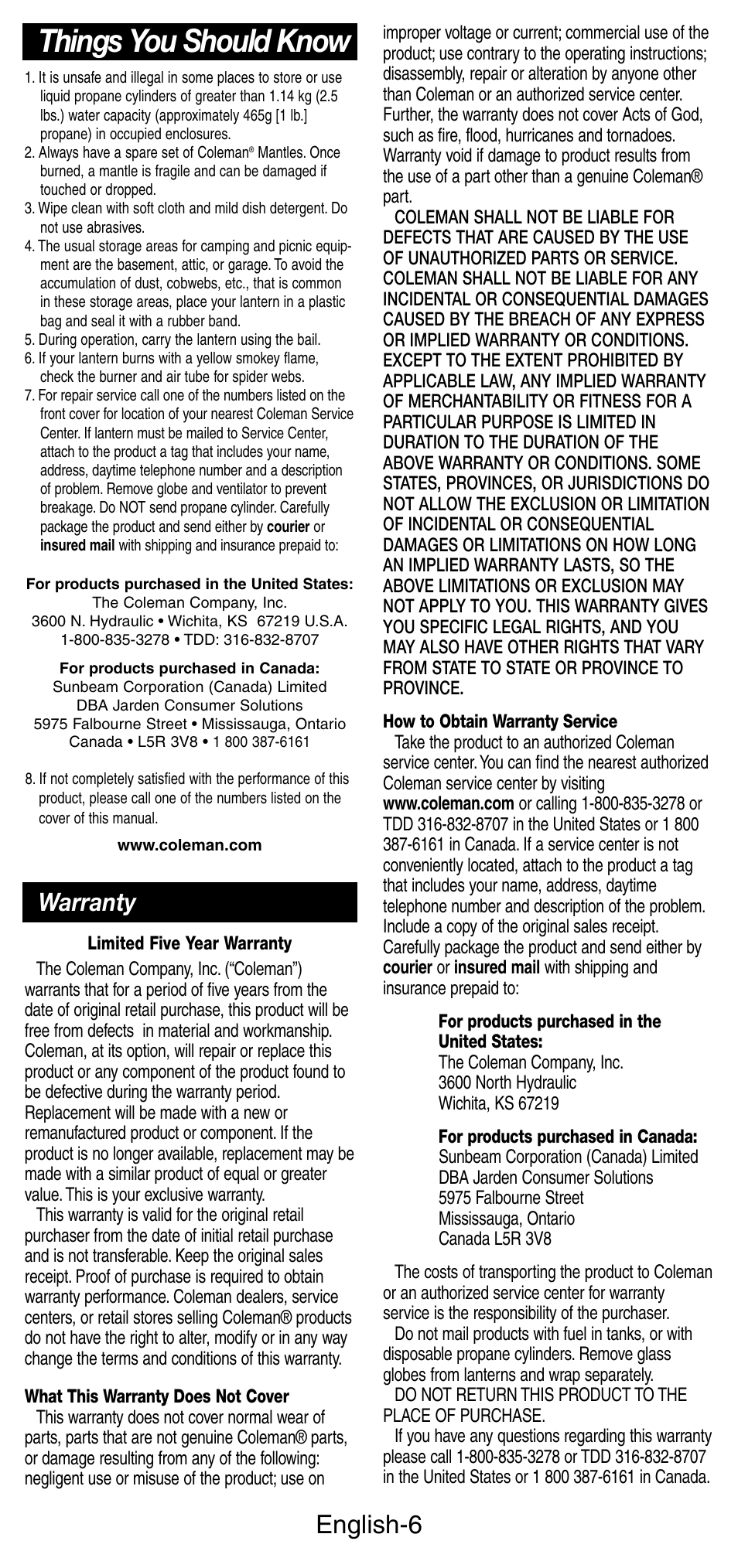 Things you should know, English-6, Warranty | Coleman 5159 Series User Manual | Page 7 / 24