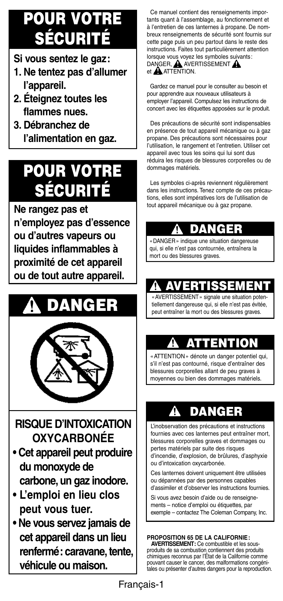 Pour votre sécurité, Danger, Avertissement | Attention | Coleman 5159 Series User Manual | Page 8 / 24