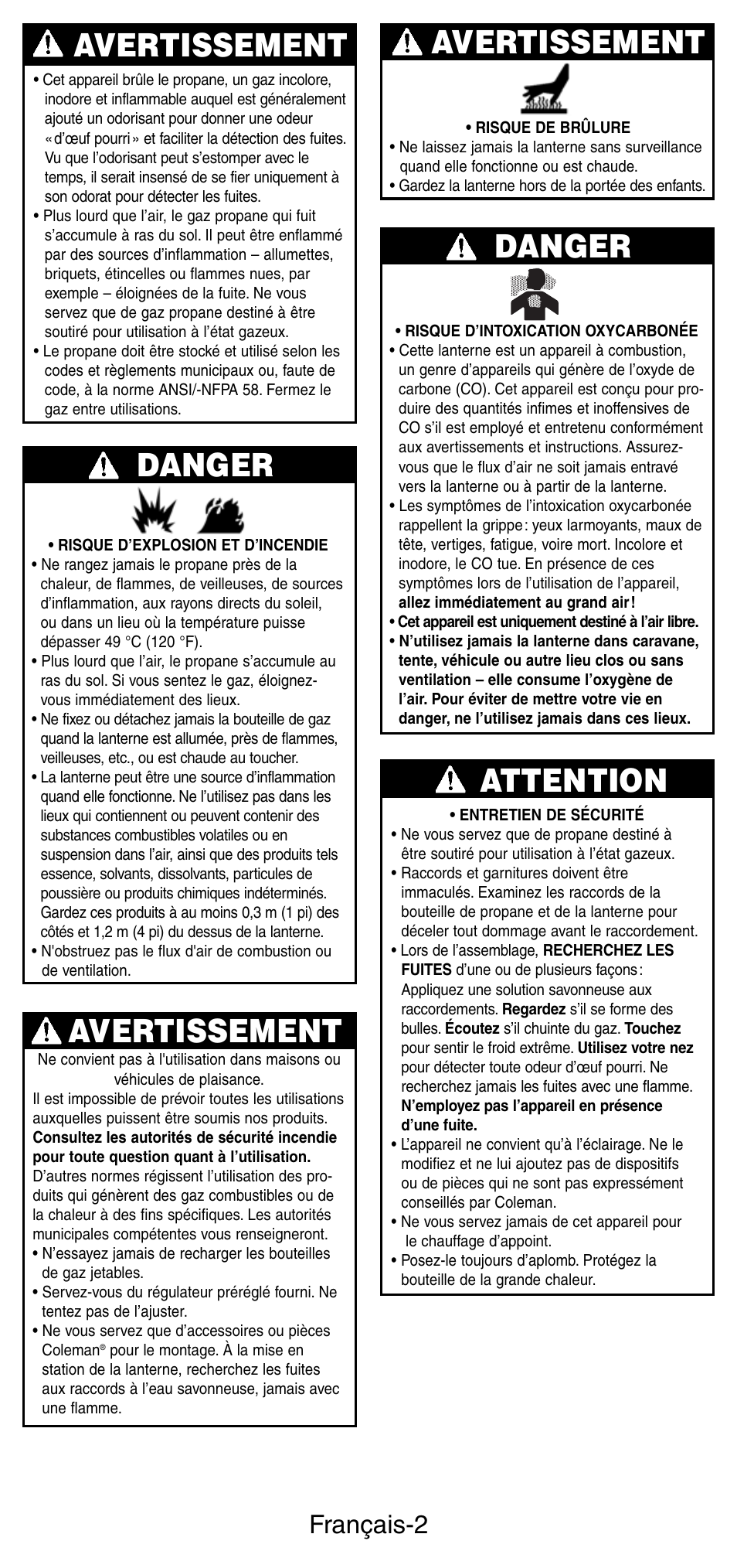 Avertissement danger, Avertissement, Danger | Attention, Français-2 | Coleman 5159 Series User Manual | Page 9 / 24
