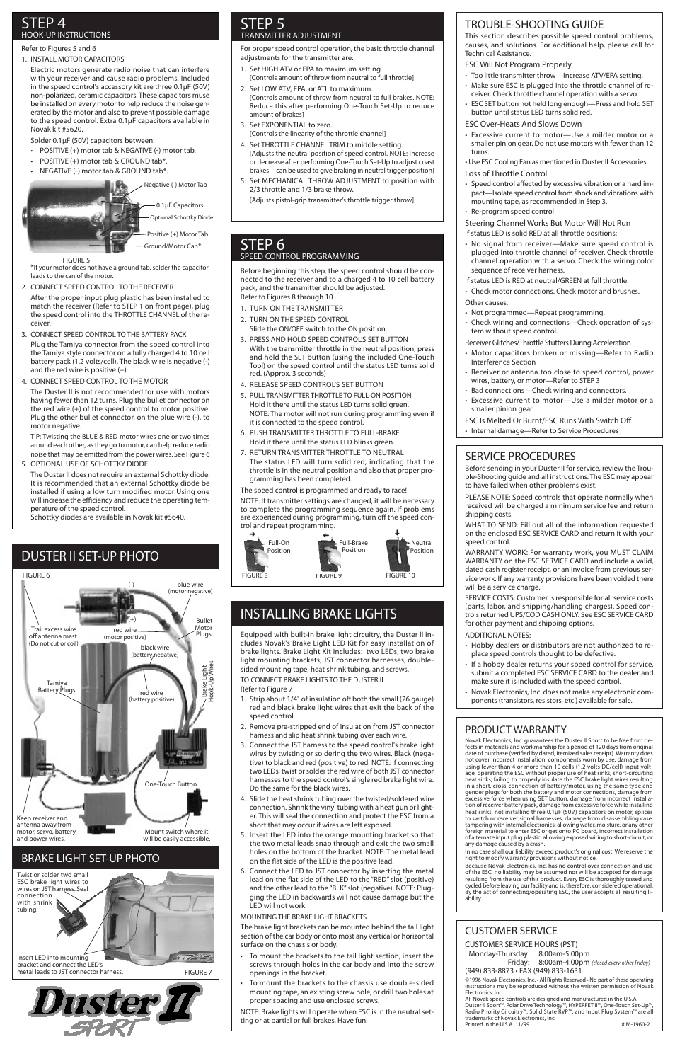 Step 4, Step 5, Step 6 | Installing brake lights, Duster ii set-up photo, Trouble-shooting guide, Brake light set-up photo, Service procedures, Customer service, Product warranty | Novak Duster (1960) User Manual | Page 2 / 2