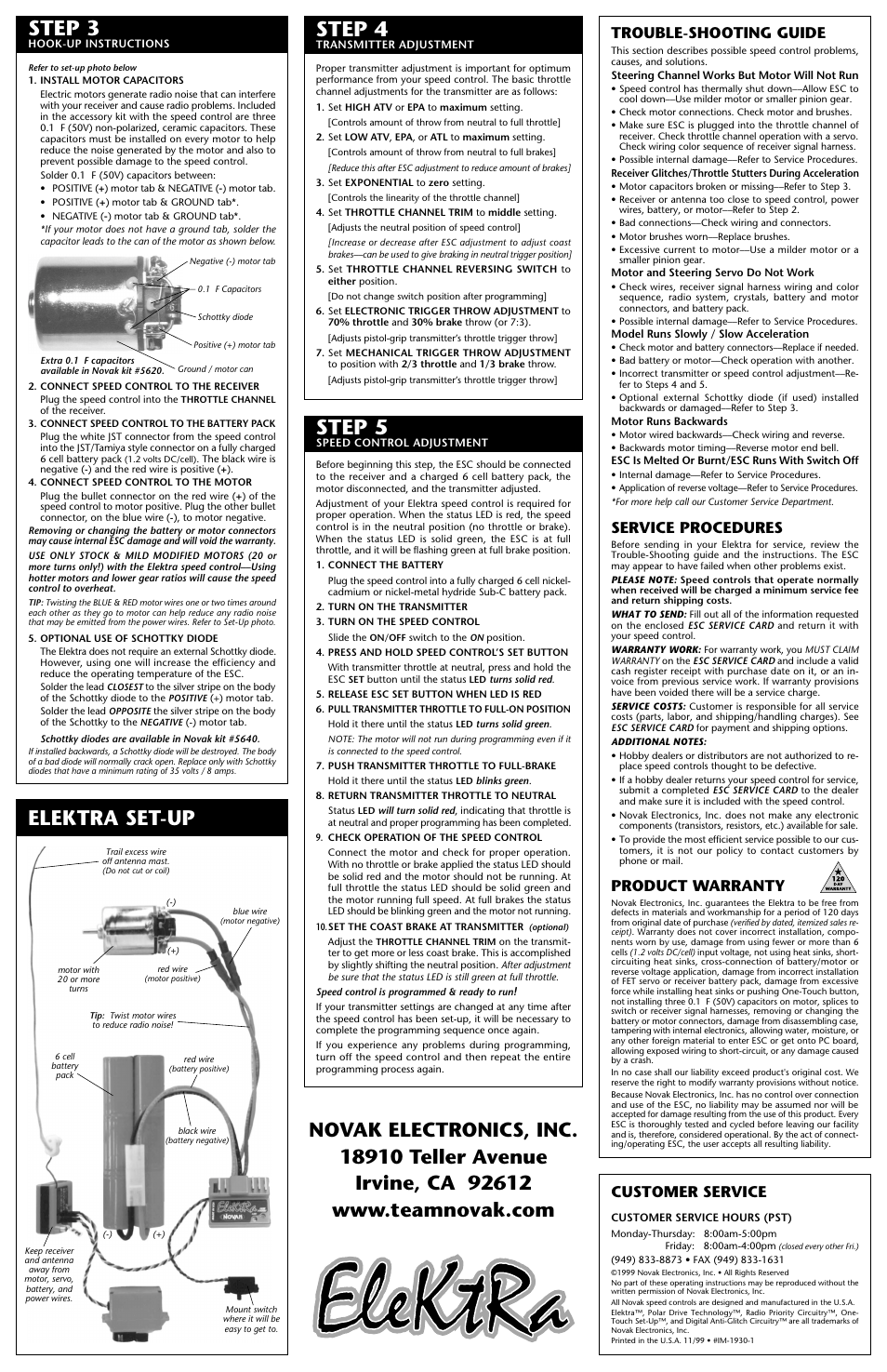 Step 3, Step 4, Step 5 | Elektra set-up, Trouble-shooting guide, Service procedures, Product warranty, Customer service | Novak ESC Cooling Fan (1930) User Manual | Page 2 / 2