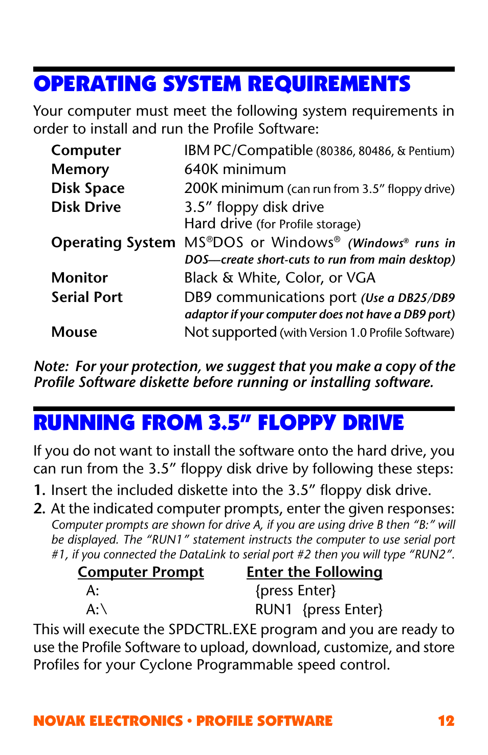 Operating system requirements, Running from 3.5” floppy drive | Novak ESC Profile Software User Manual | Page 12 / 28