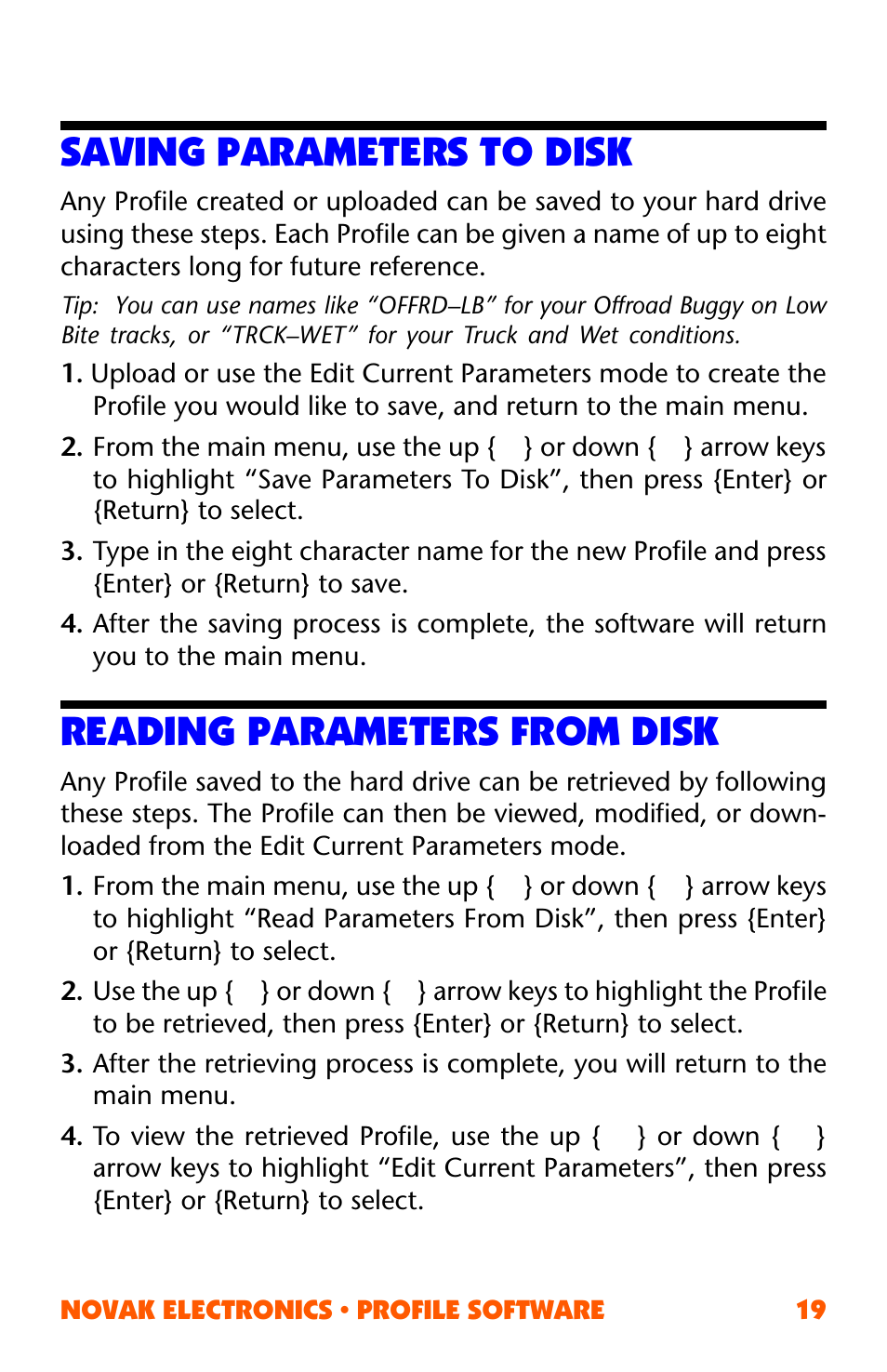 Saving parameters to disk, Reading parameters from disk | Novak ESC Profile Software User Manual | Page 19 / 28