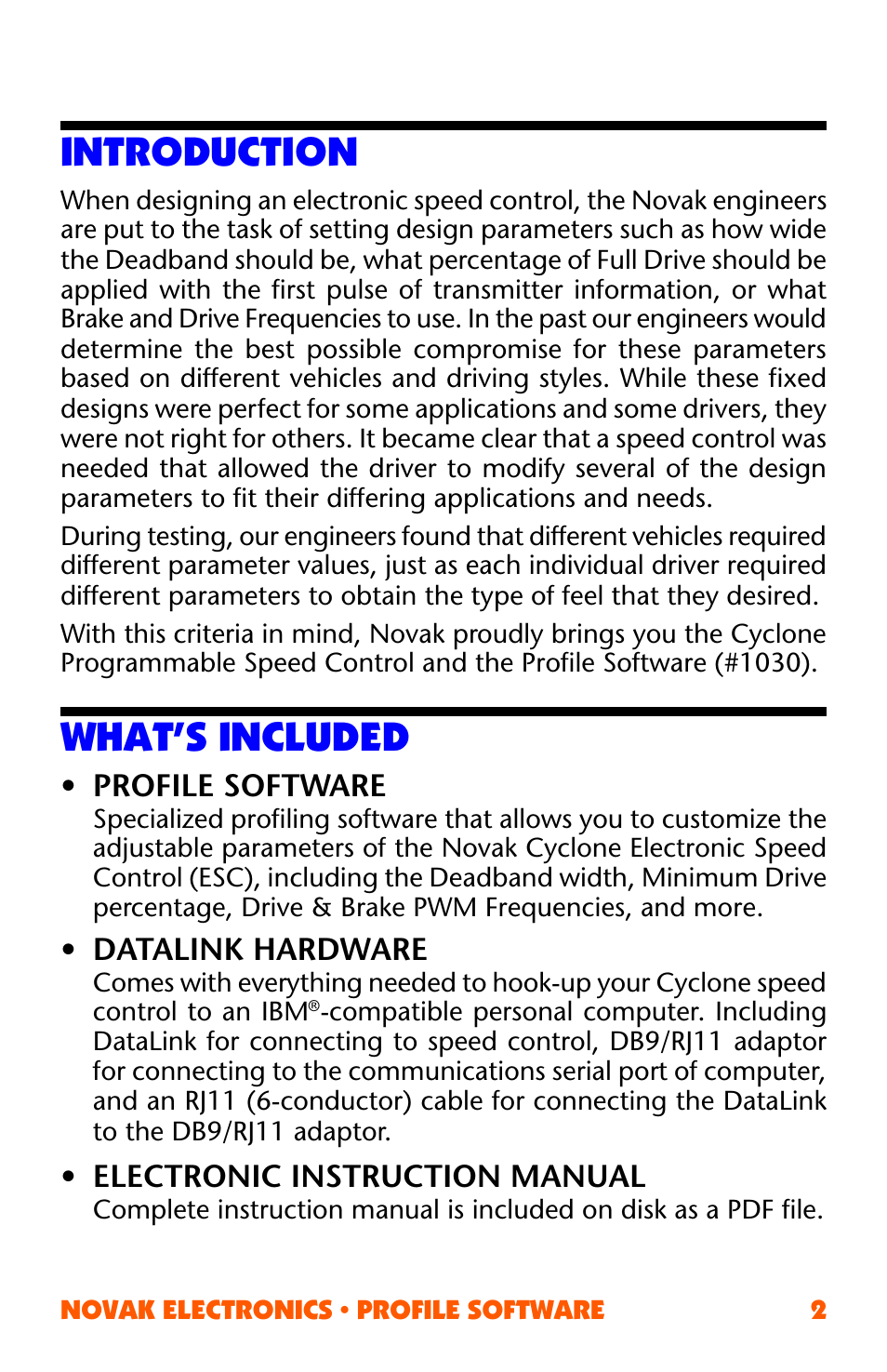 Introduction, What’s included, Introduction what’s included | Novak ESC Profile Software User Manual | Page 2 / 28