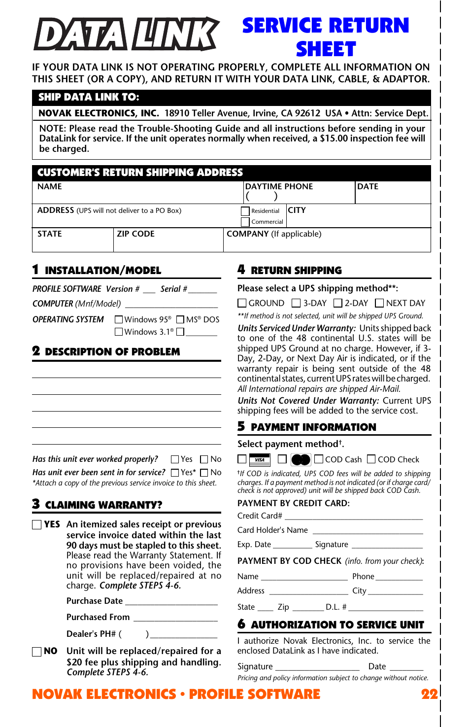 Service return sheet, Novak electronics • profile software 22 | Novak ESC Profile Software User Manual | Page 22 / 28