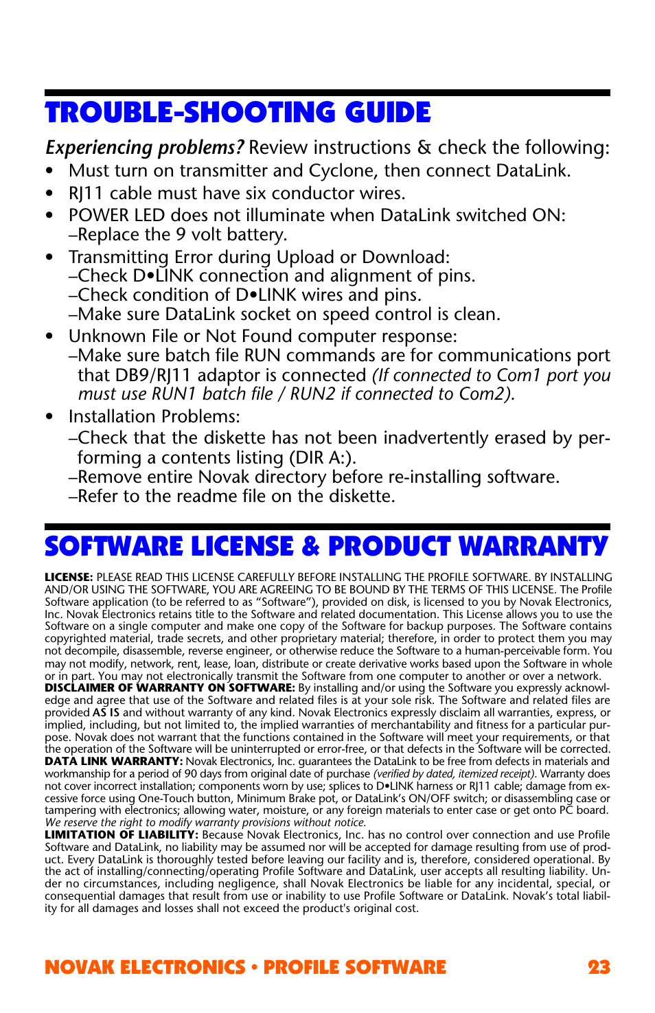 Trouble-shooting guide, Software license & product warranty | Novak ESC Profile Software User Manual | Page 23 / 28