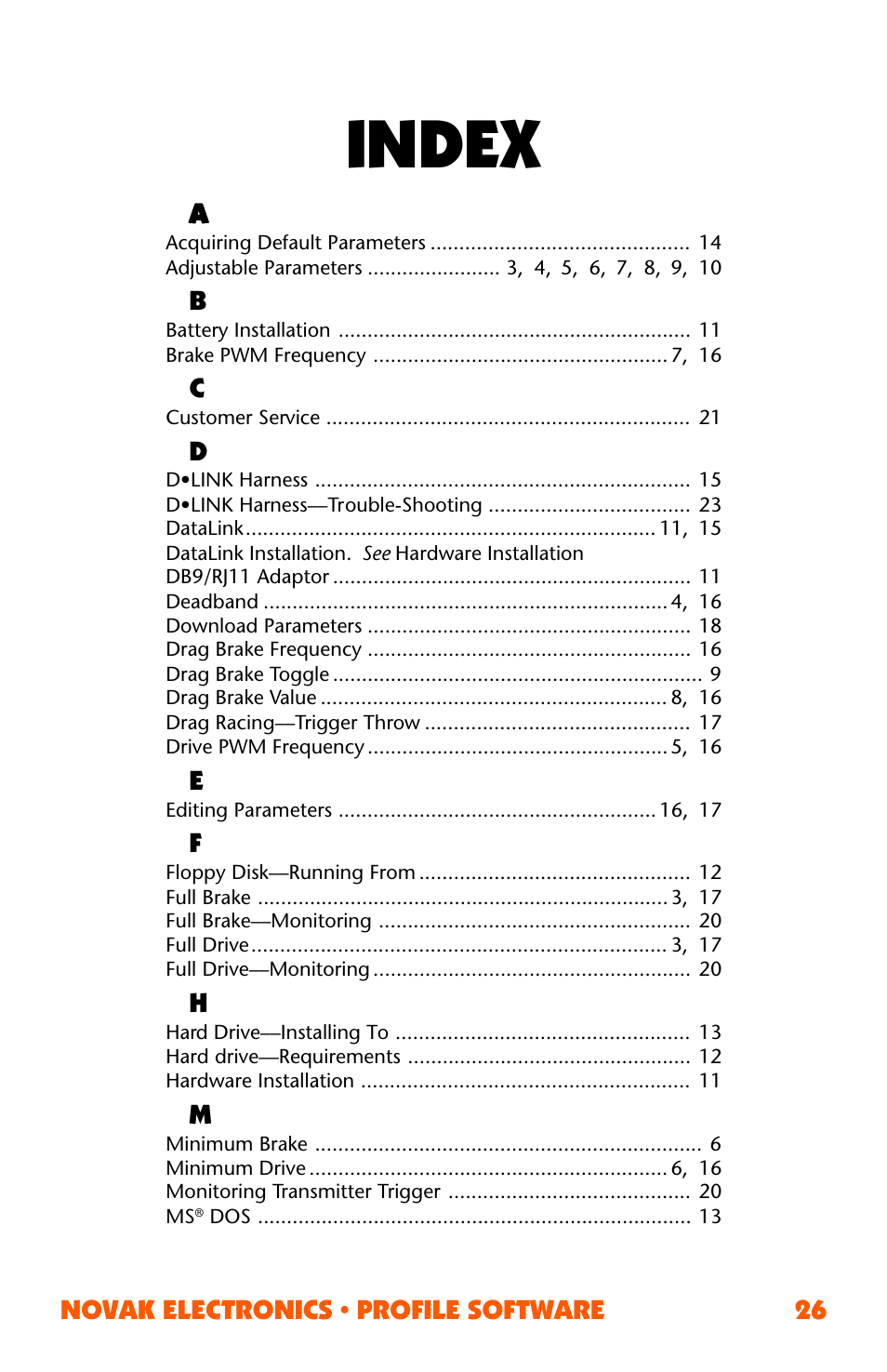 Index | Novak ESC Profile Software User Manual | Page 26 / 28