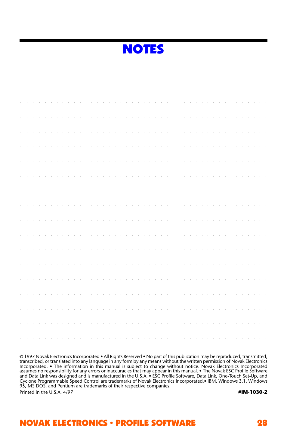 Notes, Novak electronics • profile software 28 | Novak ESC Profile Software User Manual | Page 28 / 28