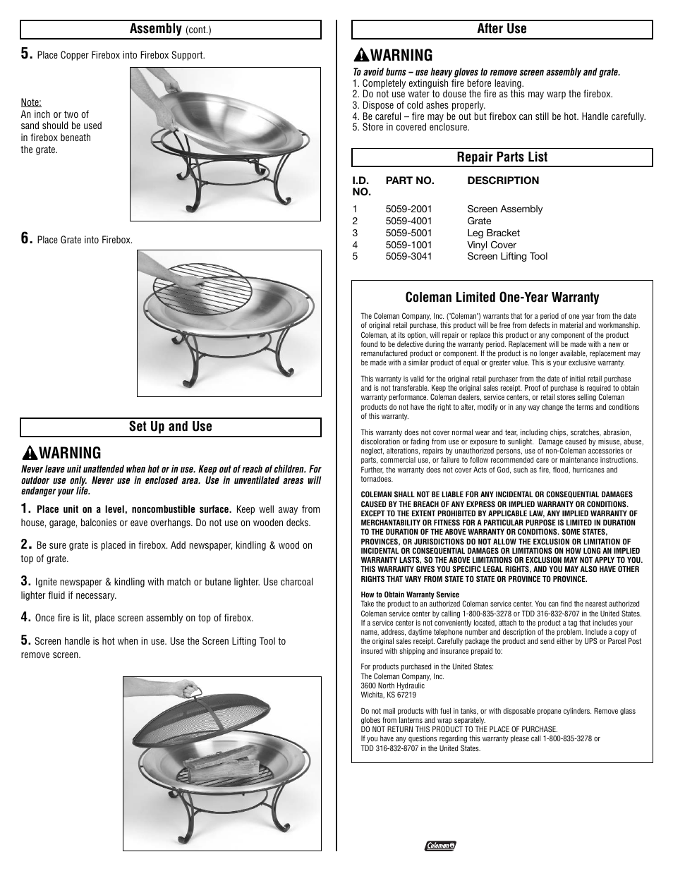 Warning, Assembly, Set up and use | After use, Repair parts list, Coleman limited one-year warranty | Coleman 5059-700 User Manual | Page 2 / 2