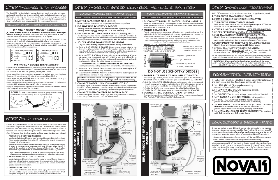 Step, Transmitter adjustments, One-touch programming | Connect input harness, Wiring speed control, motor, & battery, Esc mounting, Do not use schottky diodes, Brush-mode set -up photo, Brushless-mode set -up photo, Connectors & wiring hints | Novak Goat 3S Basic Set-Up (55-3019-1_Rev.B) User Manual | Page 2 / 2