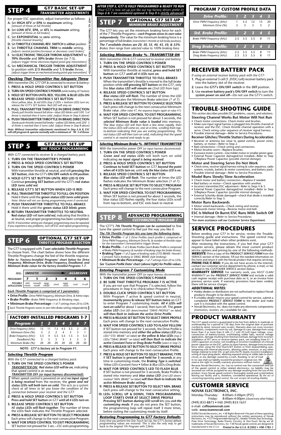 Trouble-shooting guide, Service procedures, Product warranty | Customer service, Receiver battery pack, Factory-installed programs 1-7, Program 7 custom profile data | Novak GTB 2 Basic Set-Up -- NEW (button on corner of PC board) (1785) User Manual | Page 2 / 2