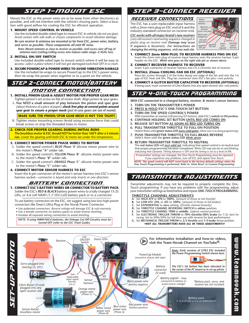Set-up photo, Step 2–connect motor/battery step 1–mount esc, Transmitter adjustments | Receiver connections, Motor connection, Battery connection | Novak GTB 2 Basic Set-Up -- V1 (button on remote programming switch) (55-1709-1 Rev.5) User Manual | Page 2 / 2
