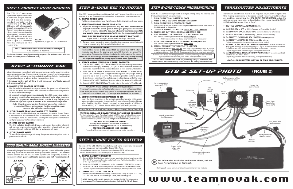 Gtb 2 set-up photo, Step 4–wire esc to battery, Step 3–wire esc to motor | Figure 2), Good quality radio system suggested, Step 1–connect input harness, Step 2–mount esc, Brushless motor precautions, 4 ghz | Novak GTB 2 Track Guide (55-1709-1 Rev.3) User Manual | Page 2 / 2