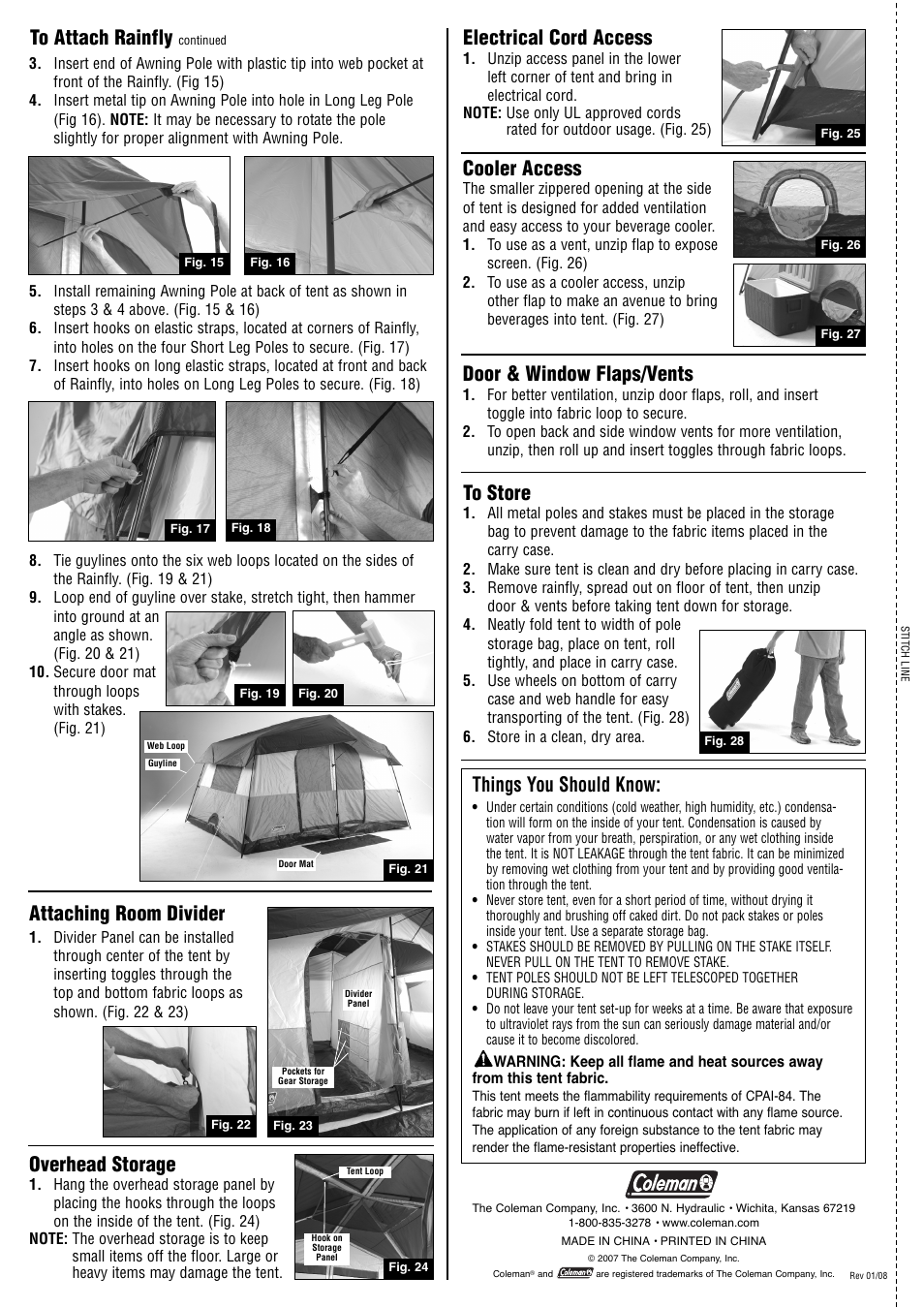 Cooler access, Attaching room divider, Things you should know | Electrical cord access, Overhead storage, Door & window flaps/vents | Coleman 2000000583 User Manual | Page 2 / 2